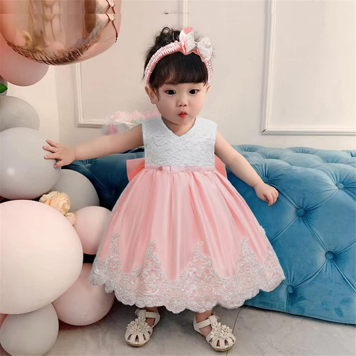 0-6T Baby Girls Big Bowknot Dresses Toddler Formal Prom Tutu Lace Gown Dress with Headwear