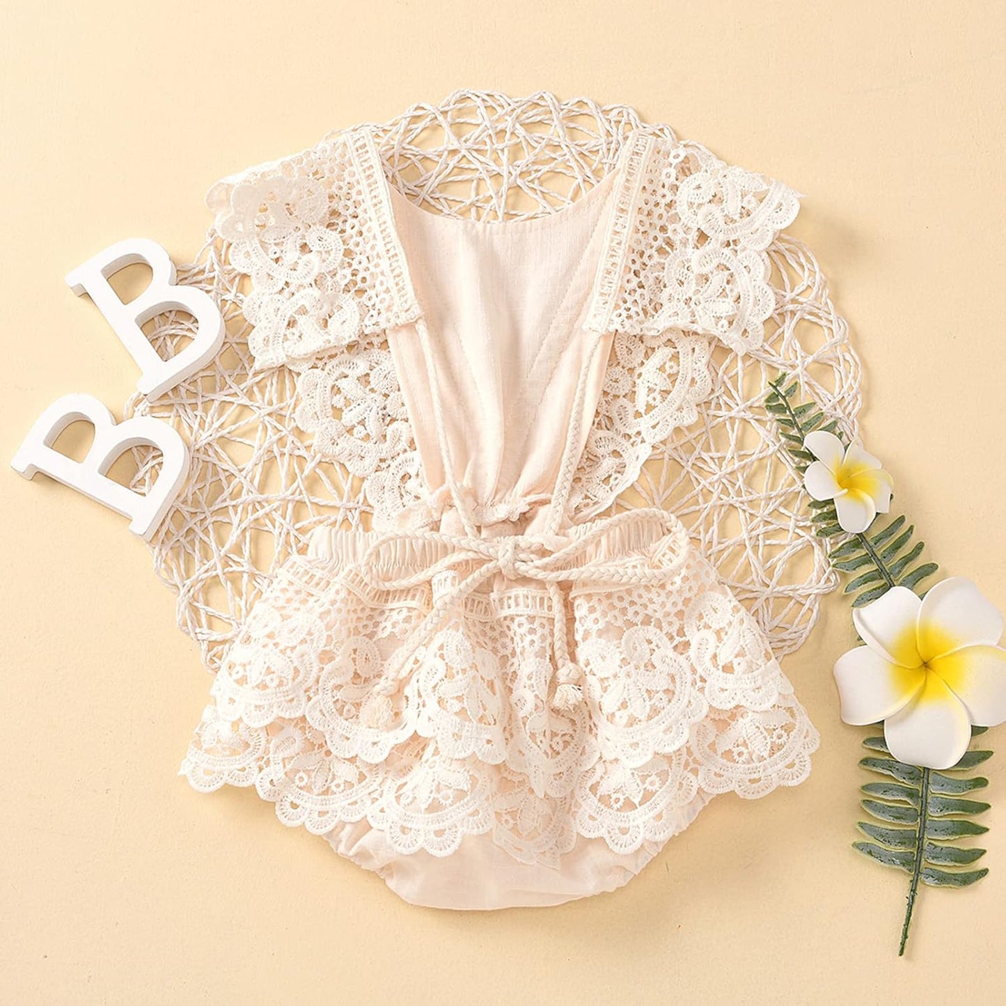 2Pcs Newborn Baby Girl Lace Ruffles Sleeve Bodysuits Backless Jumpsuit Clothes Romper Set