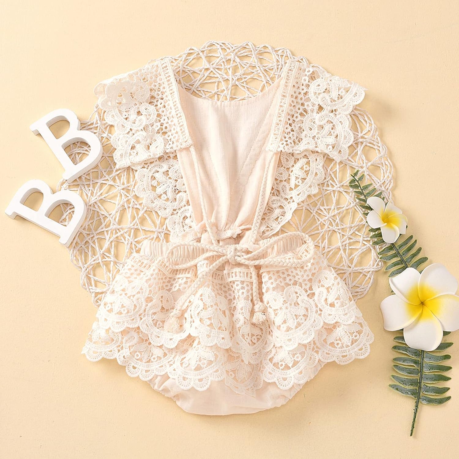 2Pcs Newborn Baby Girl Lace Ruffles Sleeve Bodysuits Backless Jumpsuit Clothes Romper Set