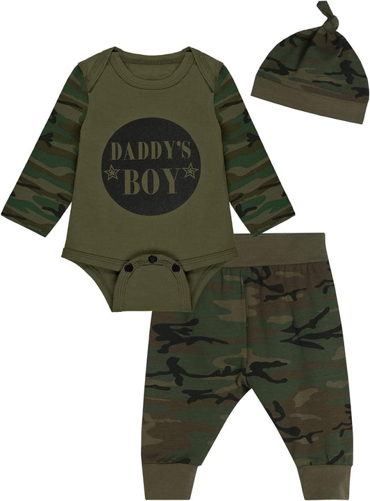 Daddy'S Baby Boys' 3PCS Outfit Set Romper Camouflage Pants with Hat