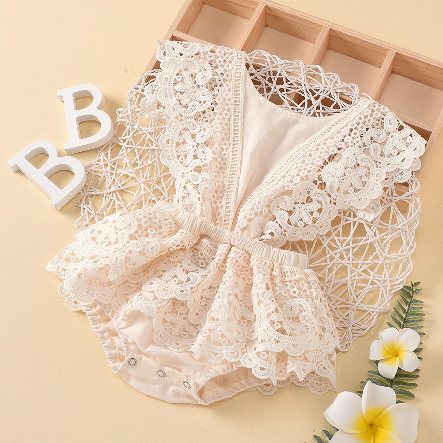 2Pcs Newborn Baby Girl Lace Ruffles Sleeve Bodysuits Backless Jumpsuit Clothes Romper Set