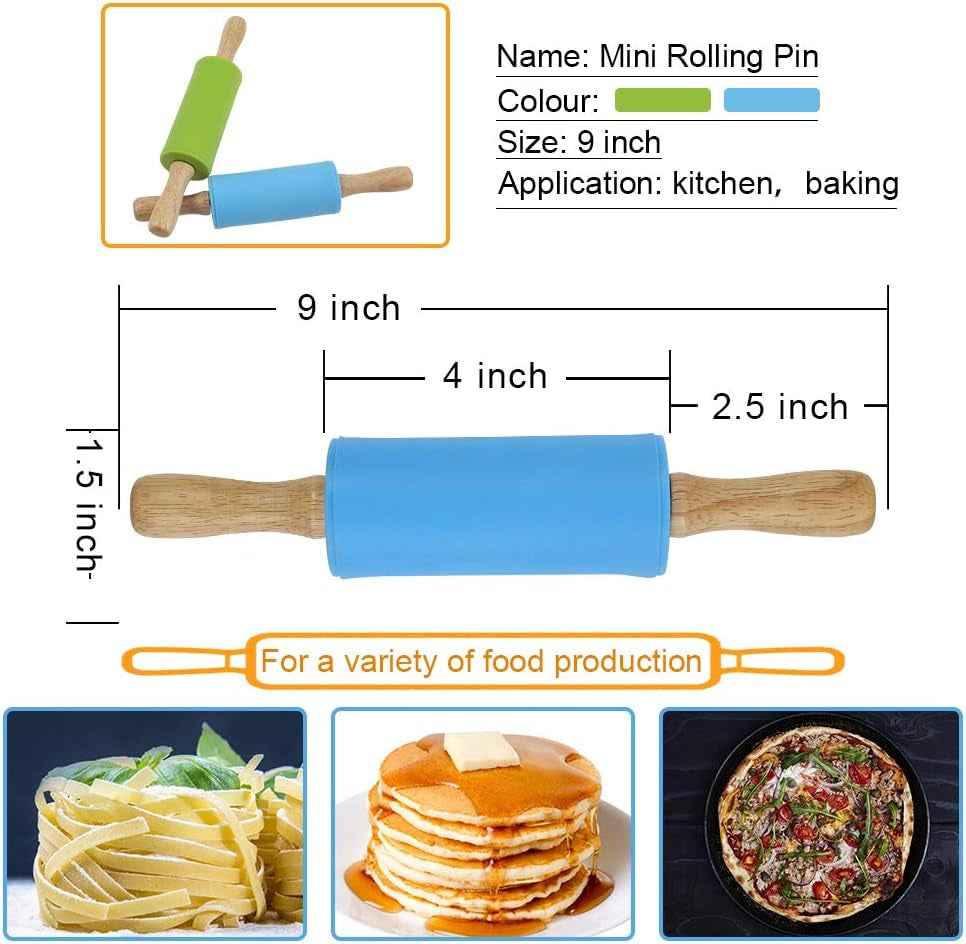 9 Inch Mini Kids Rolling Pin, 2 Pcs Small Rolling Pin Handle for Home Kitchen Children Cake